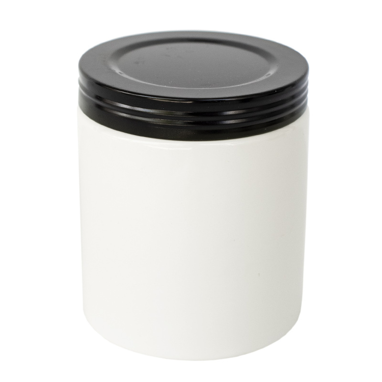 Black faux thread metal lid on white Farmhouse Ceramic Jar.