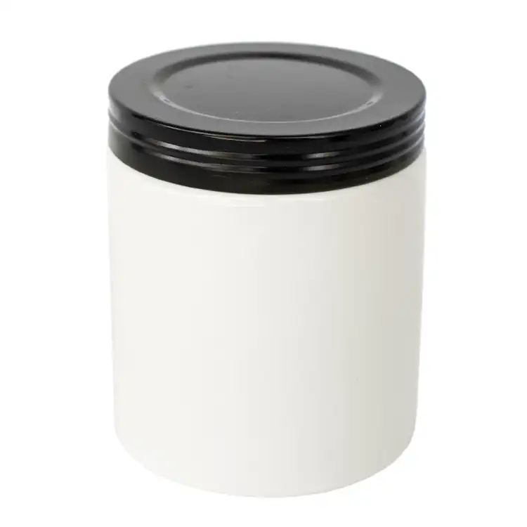 Black faux thread metal lid on white Farmhouse Ceramic Jar.
