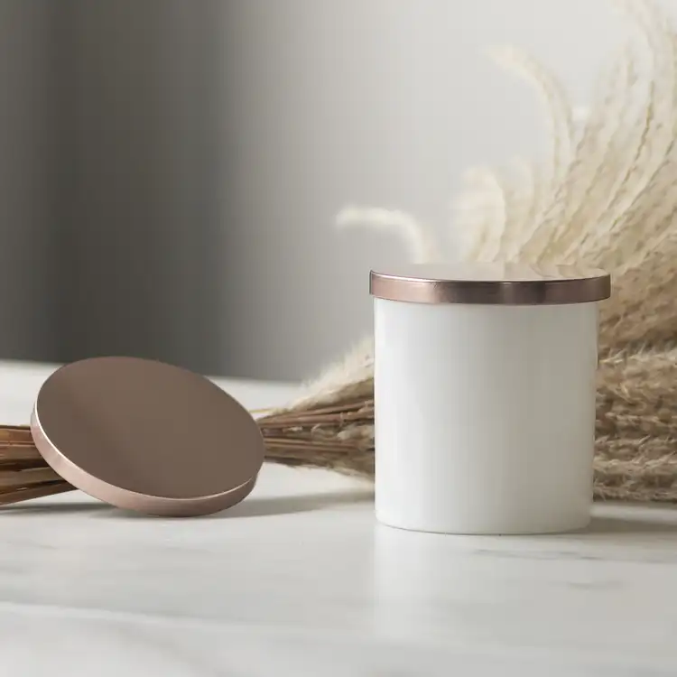 Rose Gold Metal Flat Lid with White Straight Sided Tumbler Jar