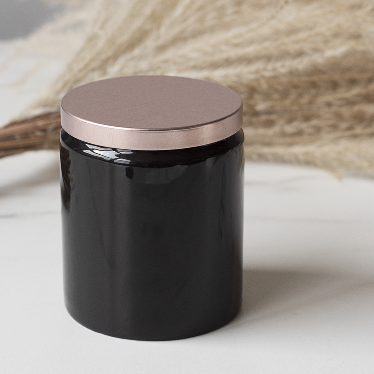 Farmhouse Ceramic Jar in black with Small Rose Gold Metal Flat Lid