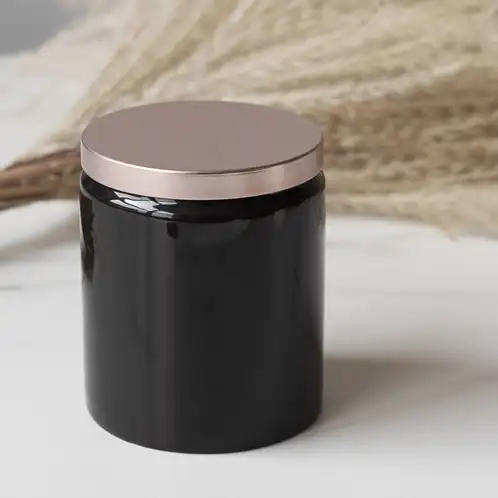 Farmhouse Ceramic Jar in black with Small Rose Gold Metal Flat Lid