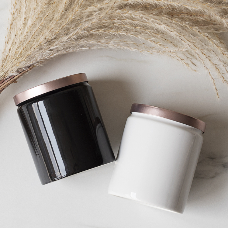 Farmhouse Ceramic Jar in black and white with Small Rose Gold Metal Flat Lid