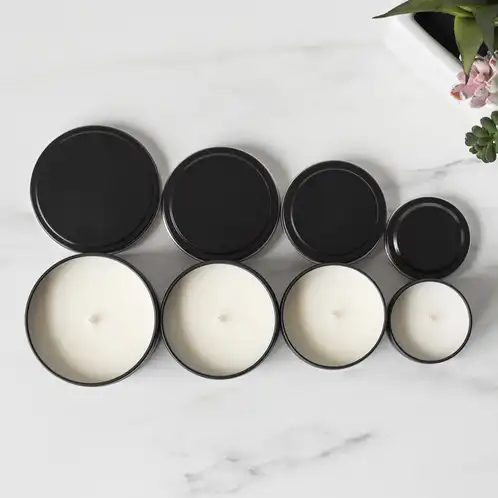 Line up Group photo of 2, 4, 6, and 8 oz Candle tins on side 