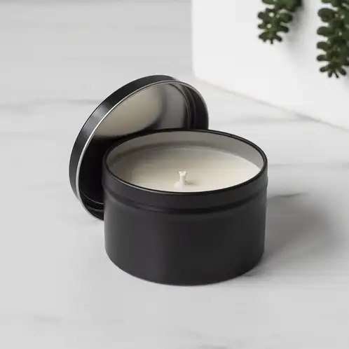 8 oz Black Candle Tin with Planter in Background