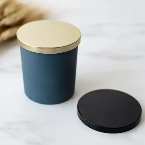 Cornflower Matte Tumbler with gold and black metal flat lids