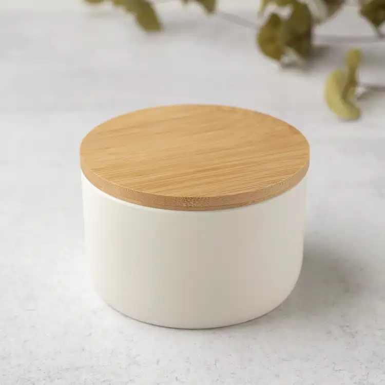 hite Nordic 3-Wick Ceramic Jar with Bamboo Lid
