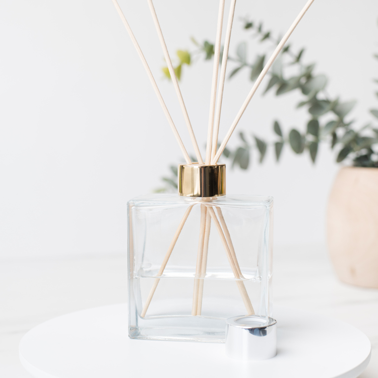 Square Glass Reed Diffuser Bottle with Gold and Silver Reed Diffuser Collars