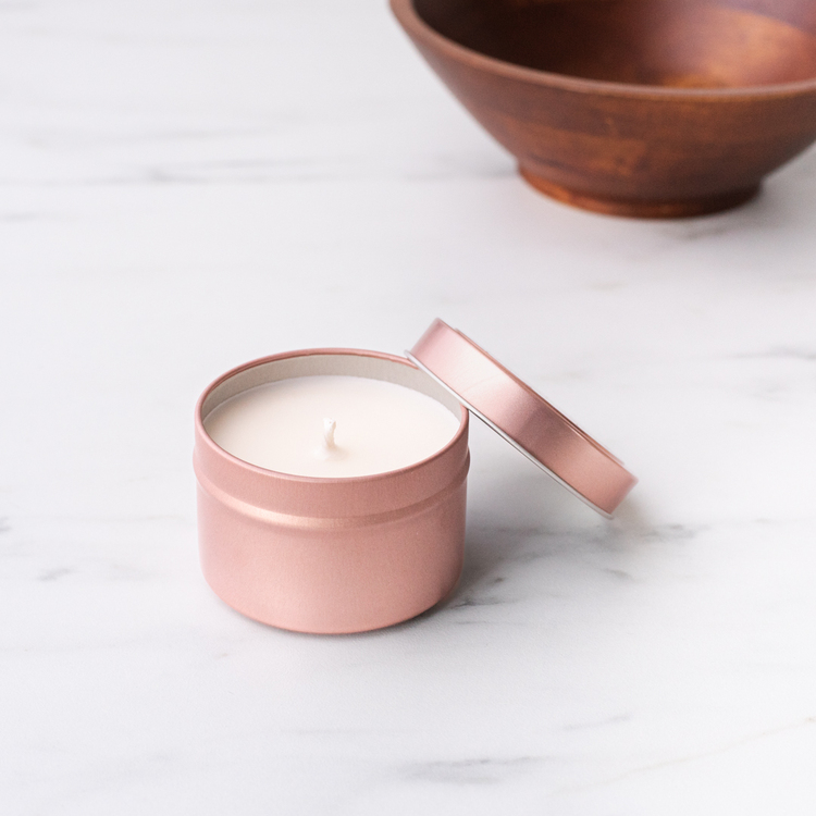 2 oz Rose Gold Candle Tin with Bowl in Background