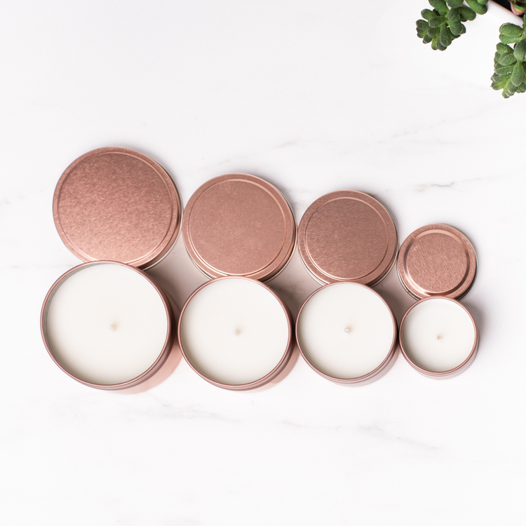 Line-up Group photo of 2, 4, 6, and 8 oz Rose Gold Candle Tins