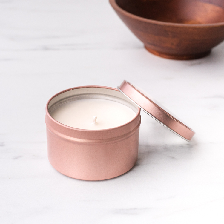 8 oz Rose Gold Candle Tin with Bowl in Background
