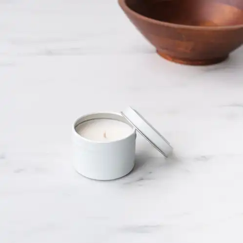 2 oz White Candle Tin with Bowl in Background