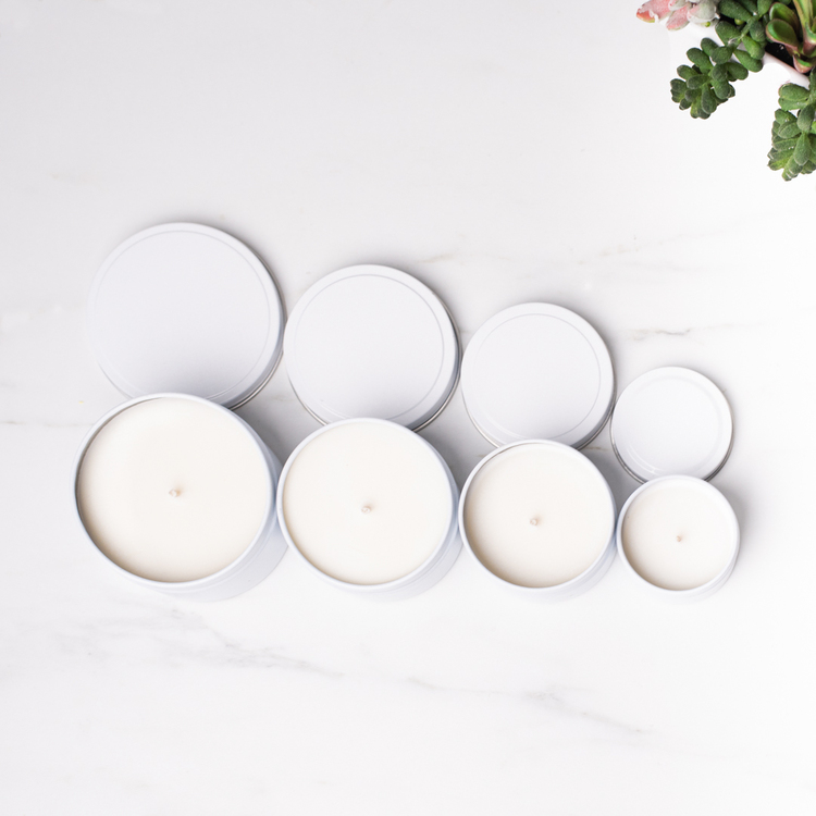 Line-up Group Photo of 2, 4, 6, and 8 oz White Candle Tins