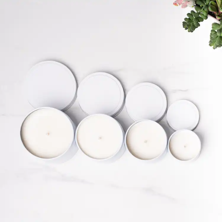 Line-up Group Photo of 2, 4, 6, and 8 oz White Candle Tins