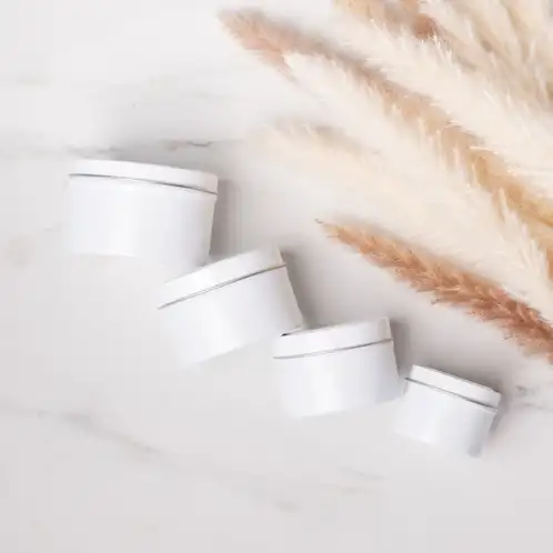 Group Photo of 2, 4, 6, and 8 oz White Candle Tins on Side