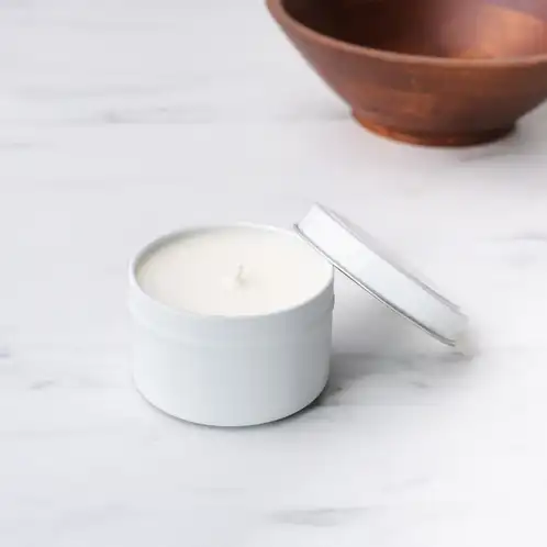 6 oz White Candle Tin with Bowl in Background