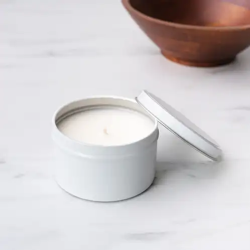 8 oz White Candle Tin with Bowl in Background