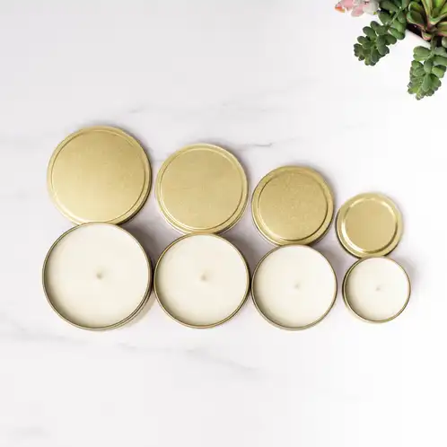 Line-up Group Photo of 2, 4, 6, and 8 oz Gold Candle Tins