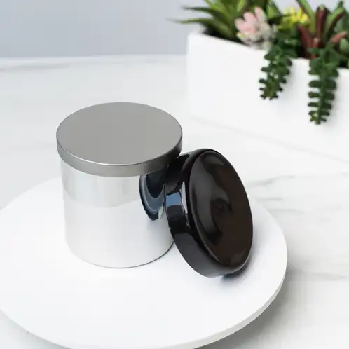 Silver Tumbler Jar with Silver Metal Flat Lid and Black Glass Tumbler Lid