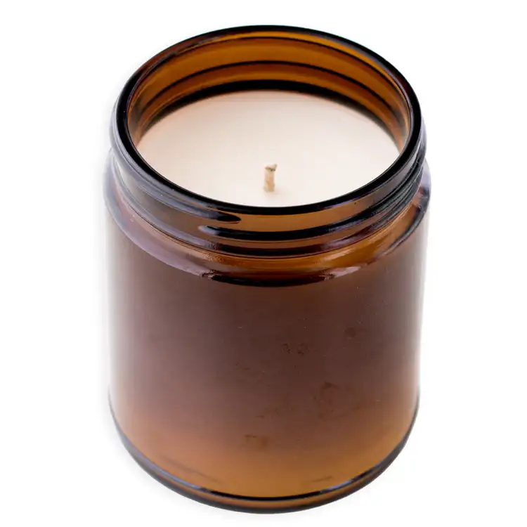 Medium Amber Straight Sided Jar (Threaded) Filled with Candle