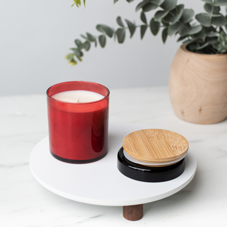 Red Tumbler Jar with 3.25" Bamboo and Black Glass Tumbler Lids