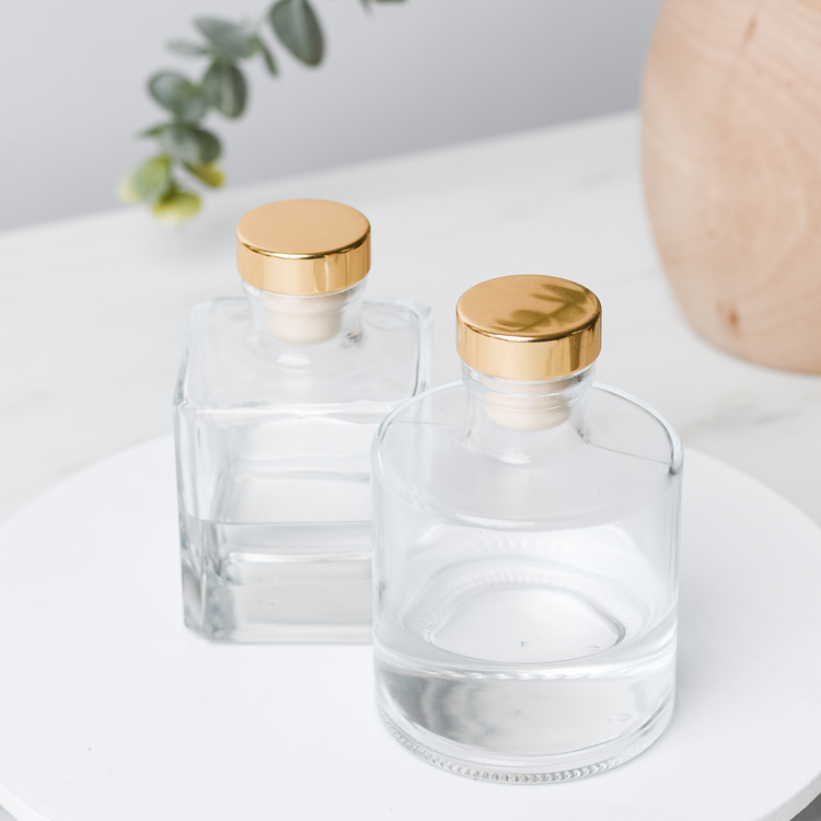 Gold Round Bottle Stopper with Clear Cube and Round Diffuser Bottle