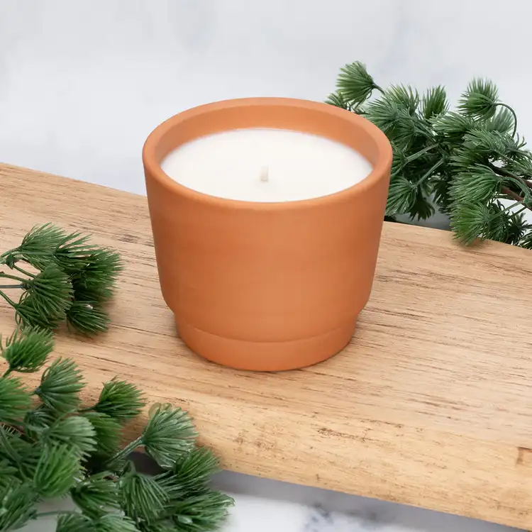 Natural Terracotta Pot Candle on Wood