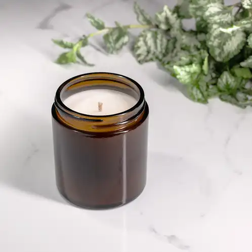 Small Amber Straight Sided Jar (Threaded) filled with candle