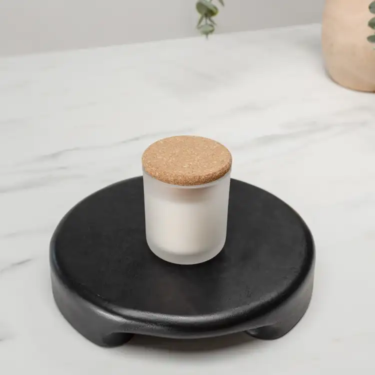 Frosted Sonoma Tumbler Jar on a black stand with a Mini Rounded Cork Lid 