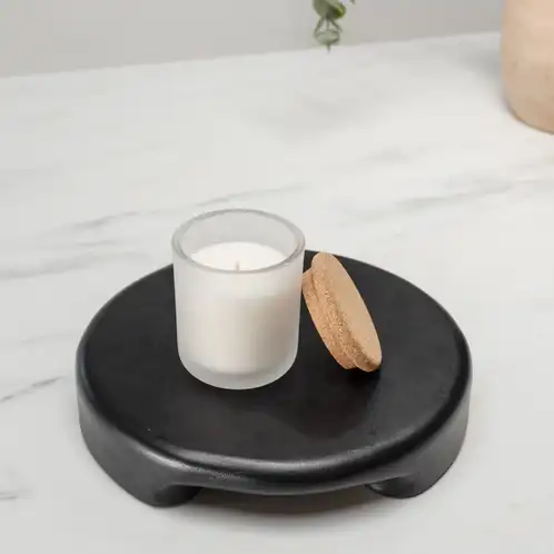 Frosted Sonoma Tumbler Jar on a black stand with a Mini Rounded Cork Lid on the side