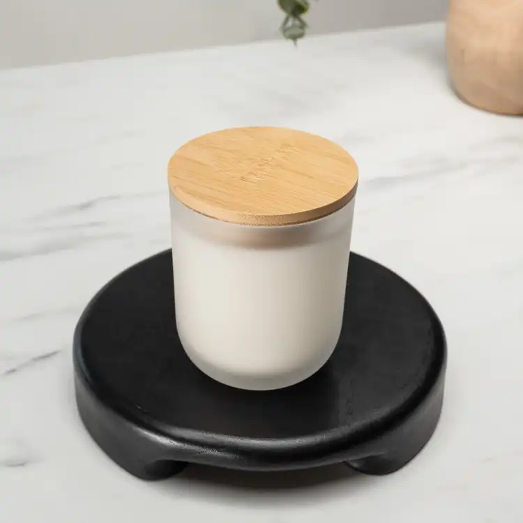Frosted Sonoma Tumbler Jar on a black stand with a Bamboo Lid