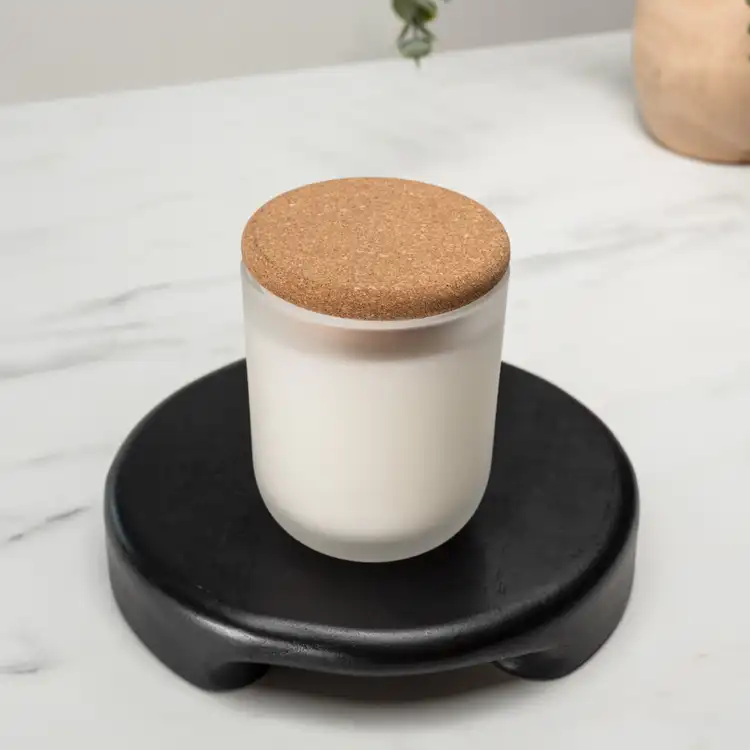 Frosted Sonoma Tumbler Jar on a black stand with a Rounded Cork Lid