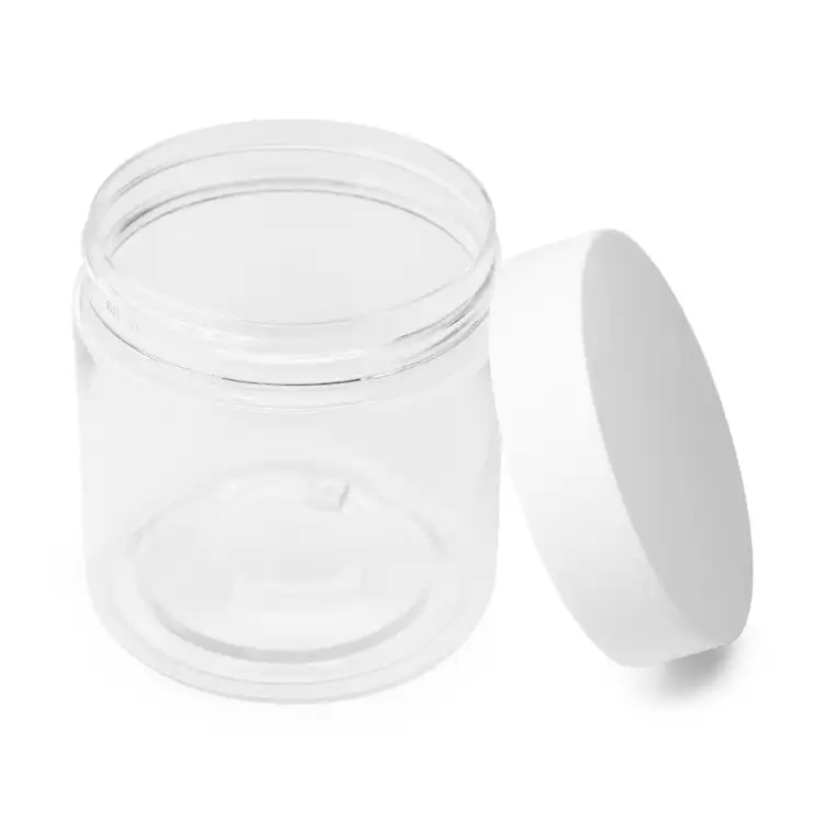 8 oz. Clear Single Wall PET Jar with Matte White Lid with lid on side