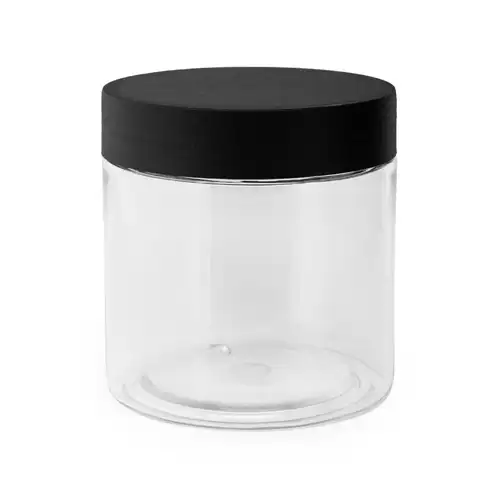 8 oz. Clear Single Wall PET Jar with Matte Black Lid containers for whipped soap