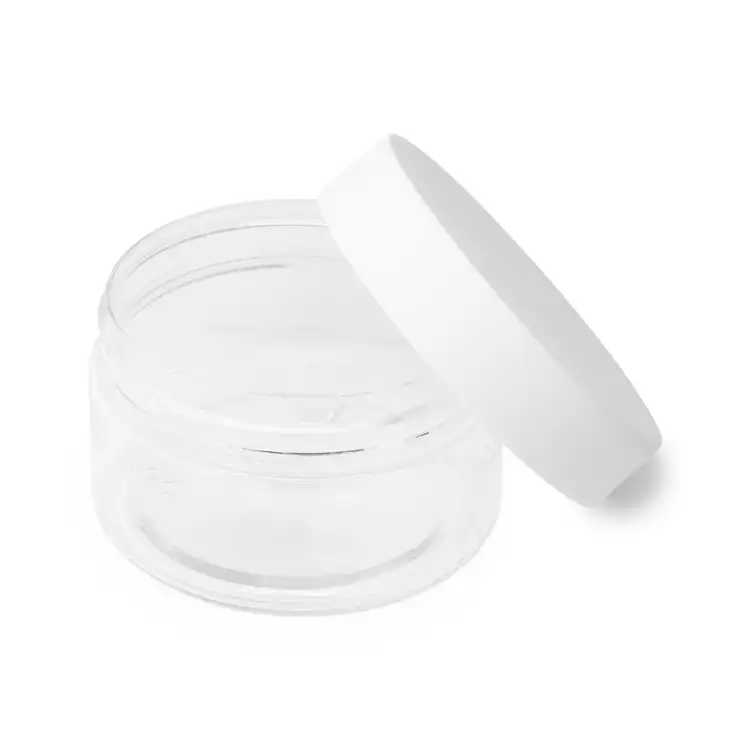 4 oz. Clear Single Wall PET Jar with Matte White Lid with Lid on the side