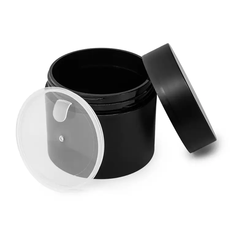 4 oz. Matte Black Double Wall PP Jar with safety seal and lid on side 