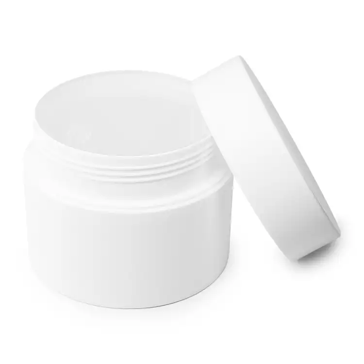 8 oz. Matte White Double Wall PP Jar empty with safety seal applied and lid on side