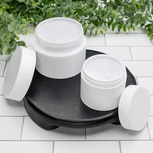 4 oz and 8 oz. Matte White Double Wall PP Jar group shot filled with whipped soap