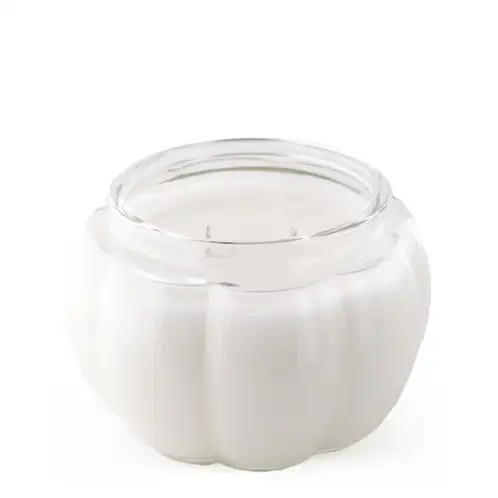 Clear Pumpkin Jar filled with white candle. No Lid.