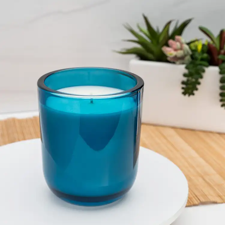 Blue Topaz Sonoma Tumbler Jar candle in front of plants