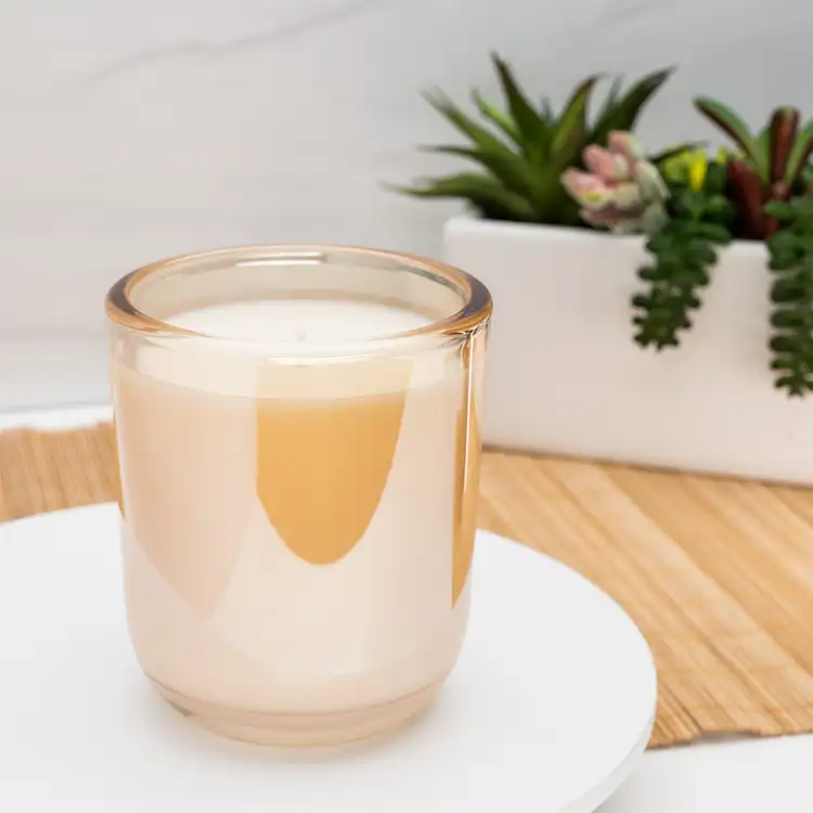 Champagne Luster Sonoma Tumbler Jar candle in front of plants