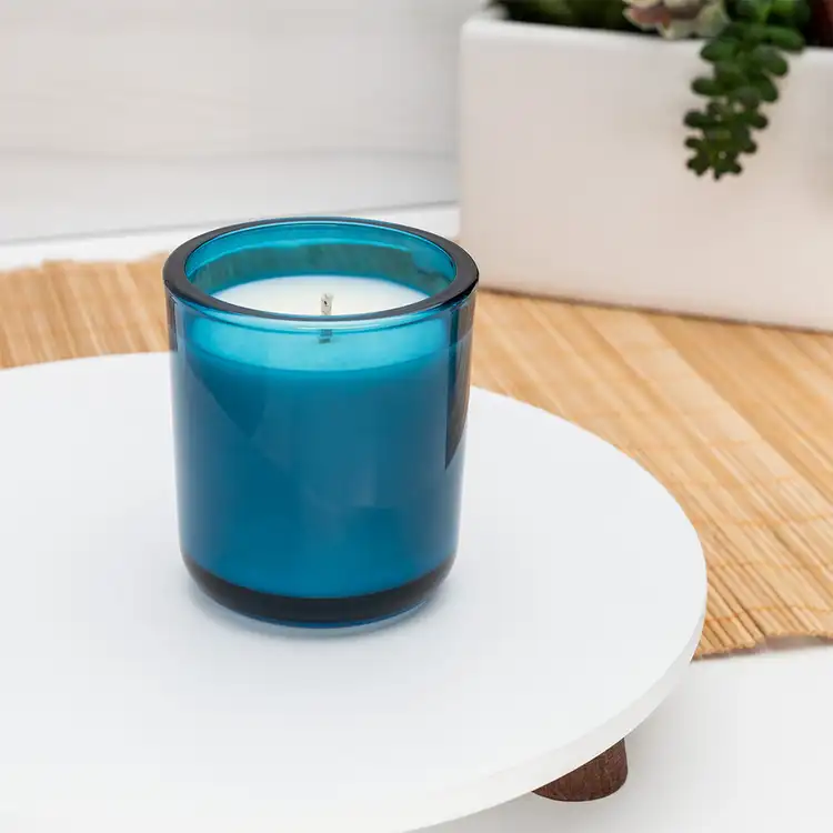 Mini Blue Topaz Sonoma Tumbler Jar candle in front of plants