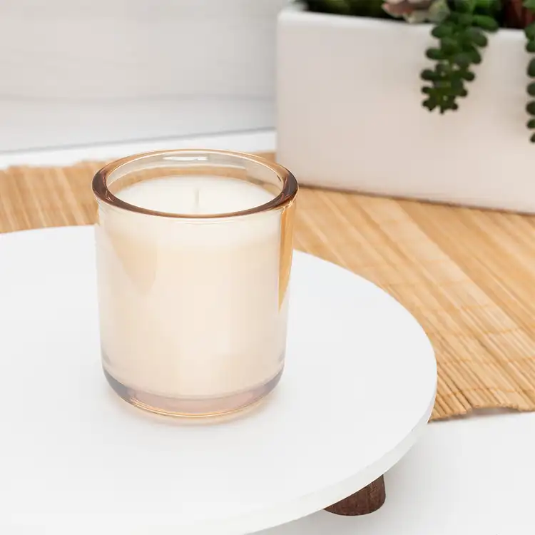 Mini Champagne Luster Sonoma Tumbler Jar candle in front of plants