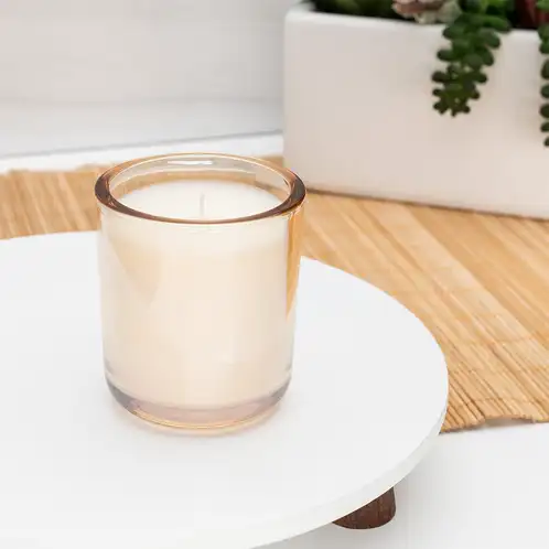 Mini Champagne Luster Sonoma Tumbler Jar candle in front of plants