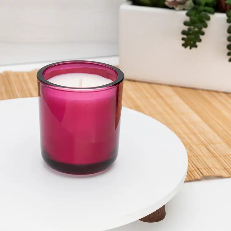 Mini Merlot Sonoma Tumbler Jar candle in front of plants