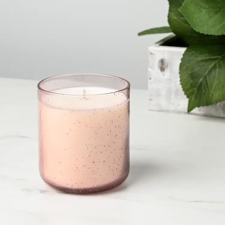 Pink Bubble Tumbler Jar candle in front of plant