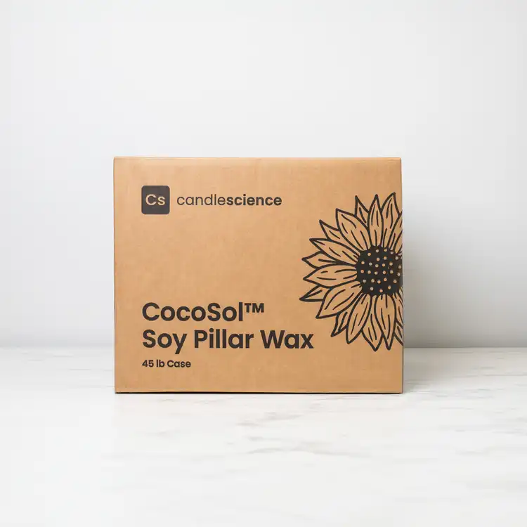 45 lb case of CandleScience cocoSol Soy Pillar Wax in custom kraft box with a sunflower on the side