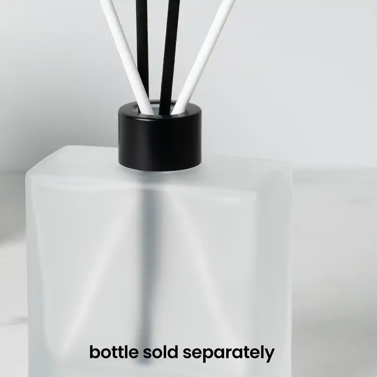 Matte Black Reed Diffuser Collar on Frosted Square Reed Diffuser Bottle with White and Black Fiber Diffuser Reeds