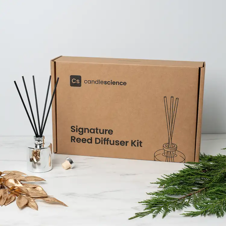 Holiday Reed Diffuser Kit Box with gold Flowers and finished silver reed diffuser kit