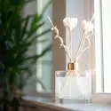 Square Glass Reed Diffuser Bottle with flower and spiral reeds in a sunny window