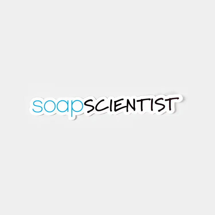 SoapScientist sticker with Soap in blue ink and Scientist in Black Ink